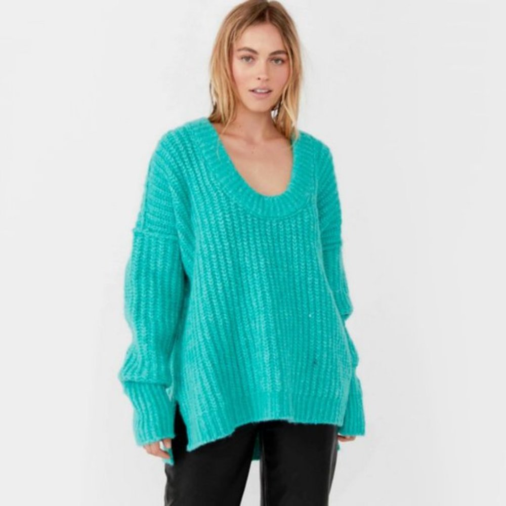 NWT Free People teal chunky knit V-neck sweater, XS - Picture 6 of 11